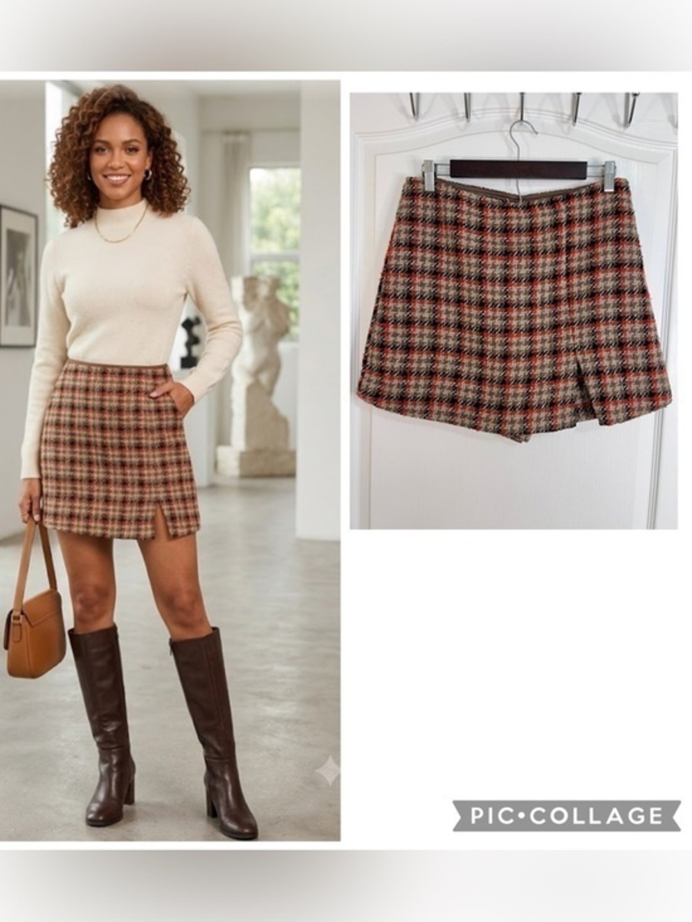 Baccini Plaid Tweed Mini Skort in Brown and Red size 10